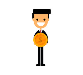 happy businessman carries coins money isolated on white background. vector illustration.