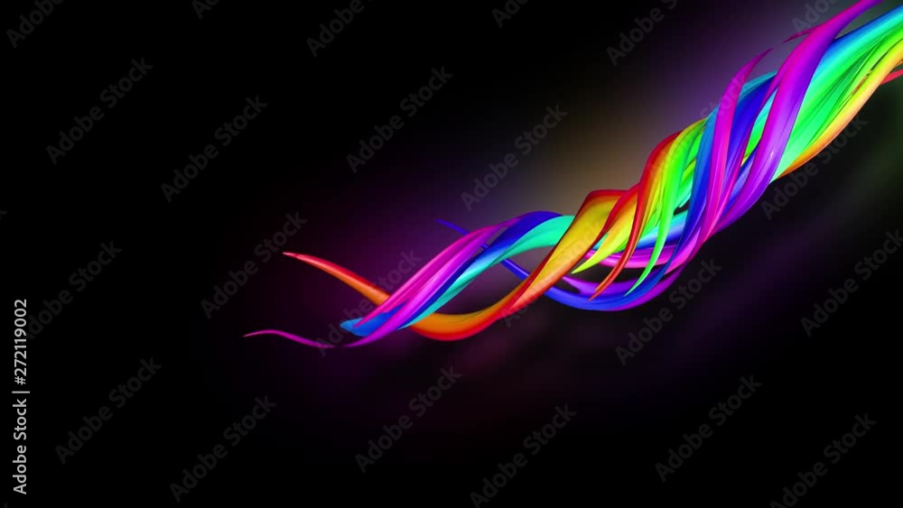 Poster 3d animation stream of colored ribbons fly on black background with neon light. rainbow gradient on 