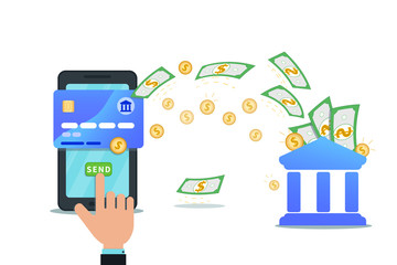 Electronic banking with mobile app and nfc credit card.  Hand finger click send button on smartphone screen. Send money online payment concept. Money transfer. Currency exchange