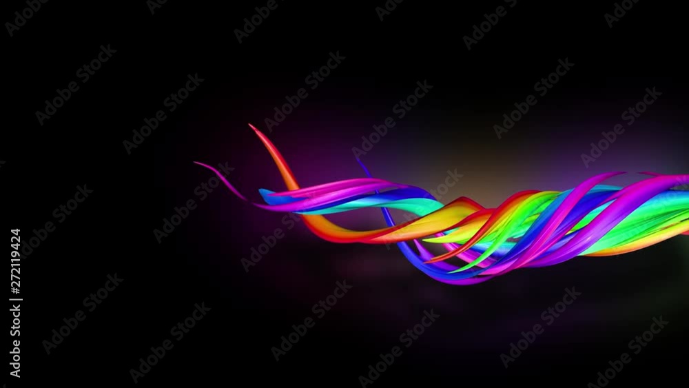 Poster 3d animation stream of colored ribbons fly on black background with neon light. rainbow gradient on 