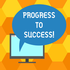 Handwriting text writing Progress To Success. Concept meaning achievement of desired visions and planned goals Mounted Computer Monitor Blank Screen with Oval Color Speech Bubble