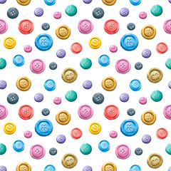 Sewing tools seamless pattern - buttons. Sewing kit, equipment for sewing. Watercolor painting on paper.  Seamless background with sewing tools for wrapping paper, fabric, textile.