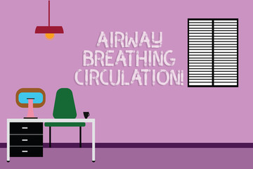 Text sign showing Airway Breathing Circulation. Conceptual photo Memory aid for rescuers performing CPR Work Space Minimalist Interior Computer and Study Area Inside a Room photo