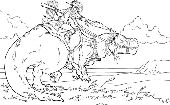 savage girl rides on a dinosaur. Cartoon fantasy characters.