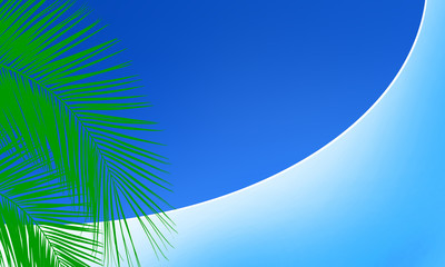 close up green palm tree leaf and textured empty blue wall over blue sky