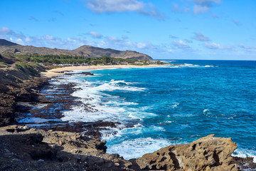 Fototapeta na wymiar A view of the hawaiian beach and ocean during daylight.