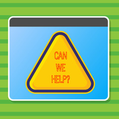 Obraz premium Writing note showing Can We Help. Business photo showcasing Offering assistance support expert advice for your problems