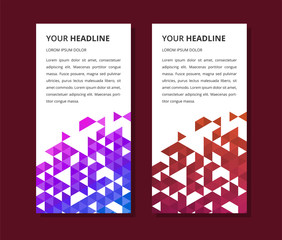set of vertical white banner with triangle shapes pattern. Universal template for a web site with text, buttons and transparent elements, roll up