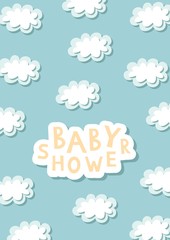 Baby shower cute A6 card. Blue clouds kids poster. Vector illustration.