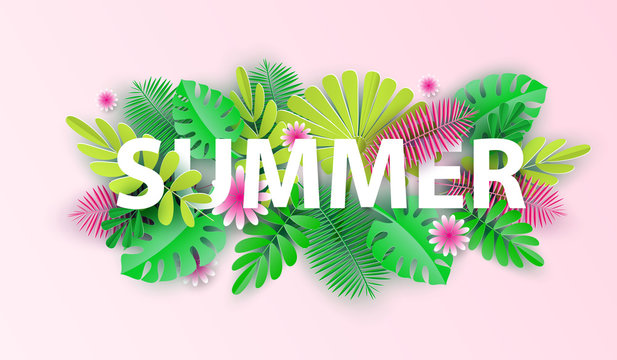 Hello summer typographic design with abstract forms of paper cutting and tropical leaves. Vector illustration.