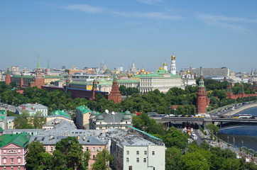 Summer view of Moscow and the Kremlin from the observation deck of the Cathedral of Christ the Saviour, Russia