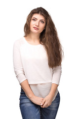 Young Beautiful woman with long curly hair smiling.