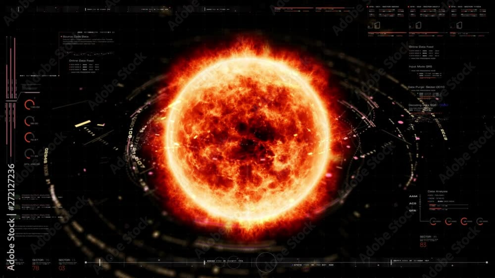 Aufkleber Futuristic motion graphic user interface head up display screen with Holographic Sun Corona Particles and digital data telemetry information display for digital background