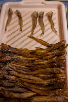 Baikal fish hot smoked and dried on the street market. Listvyanka, Siberia, Russia