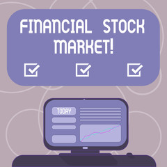 Word writing text Financial Stock Market. Business concept for showing trade financial securities and derivatives Mounted Computer Screen with Line Graph on Desk Blank Color Text Box