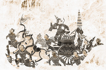 The Ramakien (Ramayana) mural paintings color black and gold on white wall illustration  along the galleries wallpaper and art background  © Weerayuth
