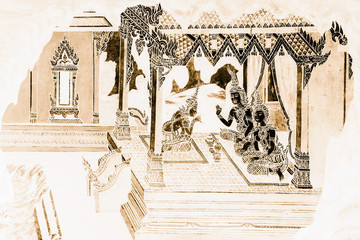 The Ramakien (Ramayana) mural paintings color black and gold on white wall illustration along the galleries wallpaper and art background 