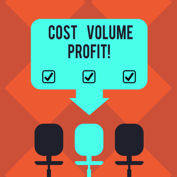 Handwriting text Cost Volume Profit. Concept meaning form of cost accounting and It is simplified model Blank Space Color Arrow Pointing to One of the Three Swivel Chairs photo