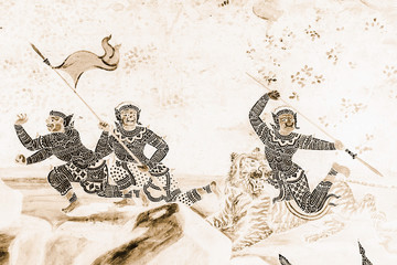 The Ramakien (Ramayana) mural paintings color black and gold on white wall illustration along the galleries wallpaper and art background 