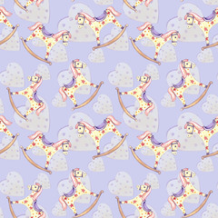 Pattern seamless rocking horse baby toy and yellow hearts on violet background. Design element for baby shower card, scrapbook, invitation, children goods and  accessories,wallpaper, textile