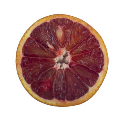 slice of blood red orange isolated on white background. top view