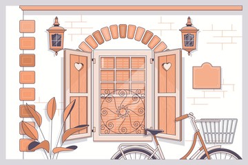 Bicycle with flowers near provence style house.Line vector illustration