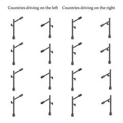 Isometric traffic lights set. Traffic lights set for both left and right side driving countries. Vector.