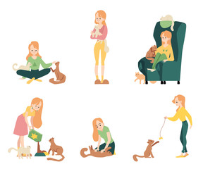 Set of woman doing different activities as cat owner cartoon style