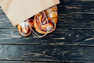 Paper bag bakery products. Healthy meal. Blank space. Gourmet food. Mock up.