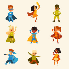 Set of kids characters in colorful superhero costumes cartoon style © sabelskaya
