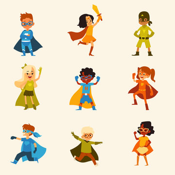 Set of kids characters in colorful superhero costumes cartoon style
