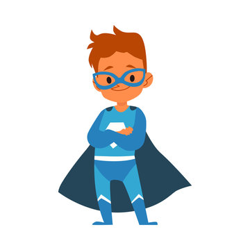 Little boy in blue superhero costume standing folded arms cartoon style