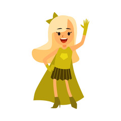 Kid girl in green superhero costume standing raised one arm cartoon style