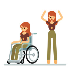 Set of woman sitting in wheelchair and standing with raised arms cartoon style
