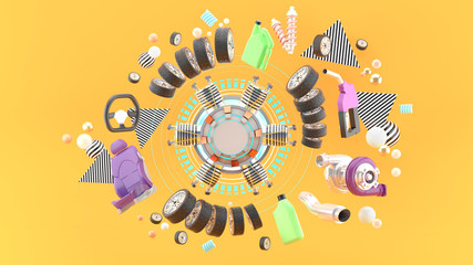 Engine circle Surrounded by car parts and balls on an orange background. 3d rendering.