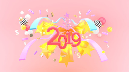 2019 3d font surrounded by colorful balls , ribbon and money on a pink background.-3d rendering.