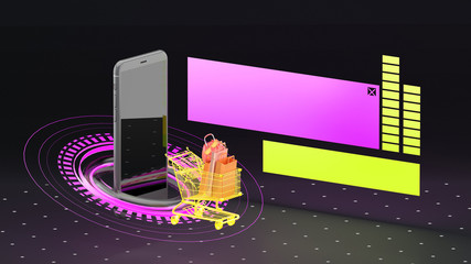 A smartphone amidst a glowing circle and a glowing shopping cart and a glowing sign on a black background.-3d rendering.