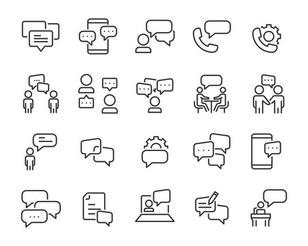 set of discussion line icons, meeting, bubble, chat, conversation, social
