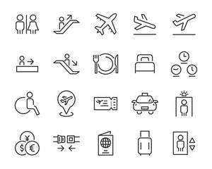 set of airport icons, such as airplane, ticket, flight, travel