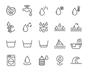 set of water line icons such as drinks, water drop, rain, well, bath