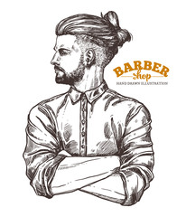 Vector sketch illustration of barbershoper. Portrait of yong hipster man with trendy hairstyle. Hand drawn image of Barber Shop owner
