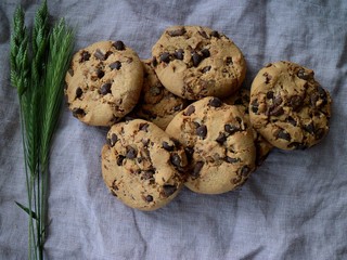 chocolate chips cookies on light pink background