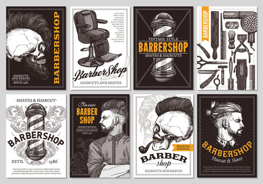 Hand drawn  vector barber shop banners with sketch engraving illustration. Monochrome templates set of poster design for hair salon