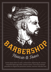 Hand drawn vector barber shop poster with portrait of young man. Barbershop design with sketch engraving illustration and typography