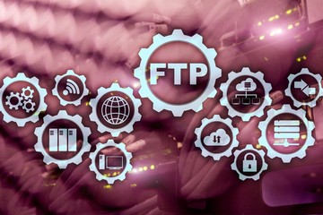 FTP. File Transfer Protocol. Network Transfer data to server on supercomputer background.