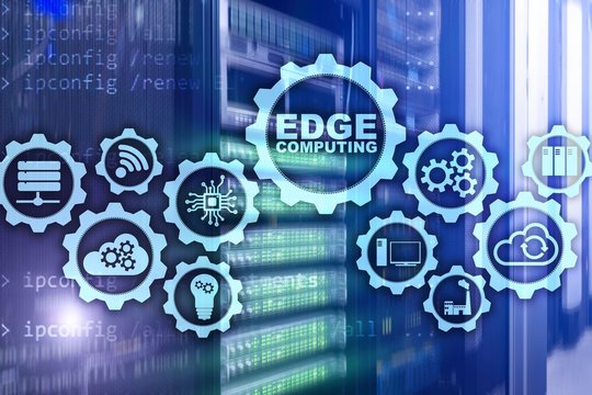 EDGE COMPUTING on modern server room background. Information technology and business concept for resource intensive distributed computing services.
