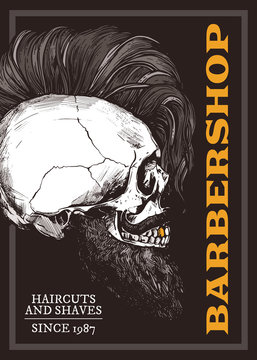 Hand drawn vector barber shop poster with skull with trendy haircut and beard. Barbershop design with sketch engraving illustration and typography