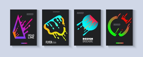 Flyer and brochure template set with modern splash shapes. Colorful triangle, circle, square with liquid paint splatter