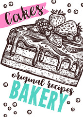 Obraz premium Vector hand drawn design poster with piece of cake. Homemade bakery and desserts sketch card with typographic