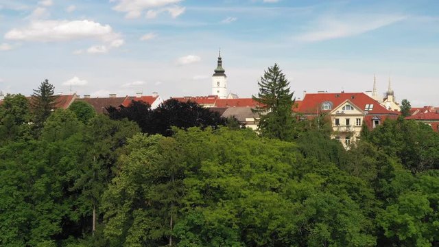Panoramic view on Upper town and st Mark church in Zagreb, red roofs and palaces of old baroque center, political center of Croatia